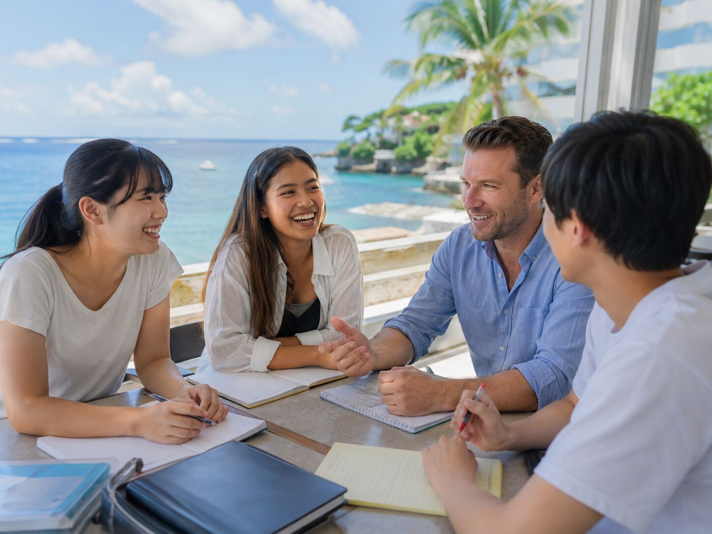 海の見えるテーブルで笑顔で話す留学生たち