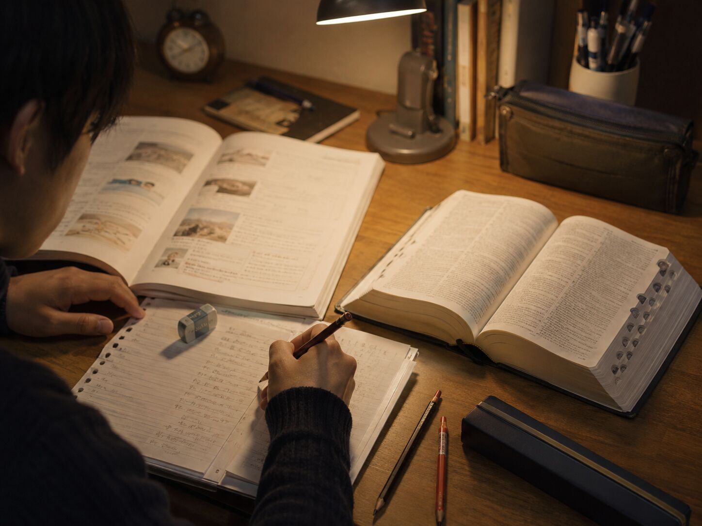 Studying at a desk at night, English textbook, notebook and dictionary spread open