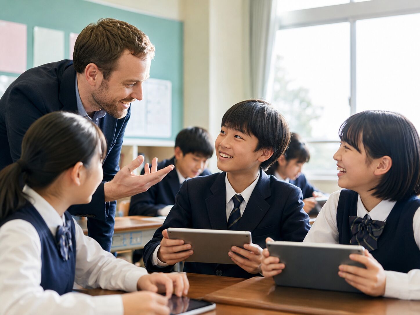 A lower-secondary student learning English on a tablet with a teacher from overseas