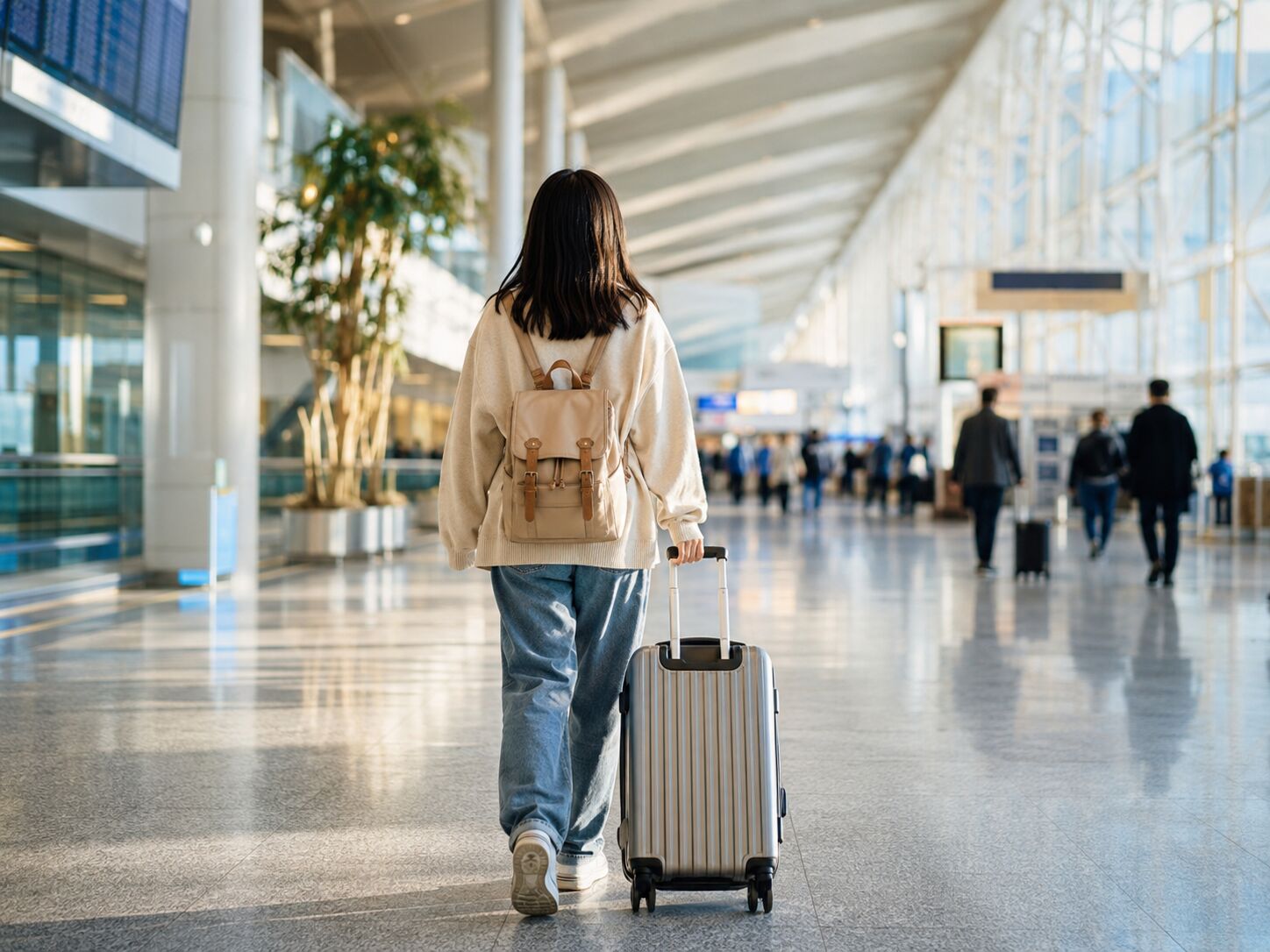 A student seen from behind, wheeling a suitcase through the airport