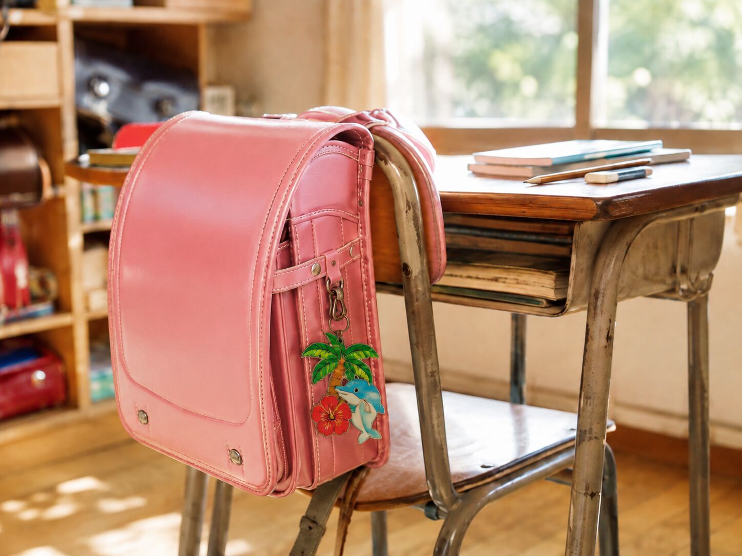 An old randoseru satchel with a colourful tropical keyring