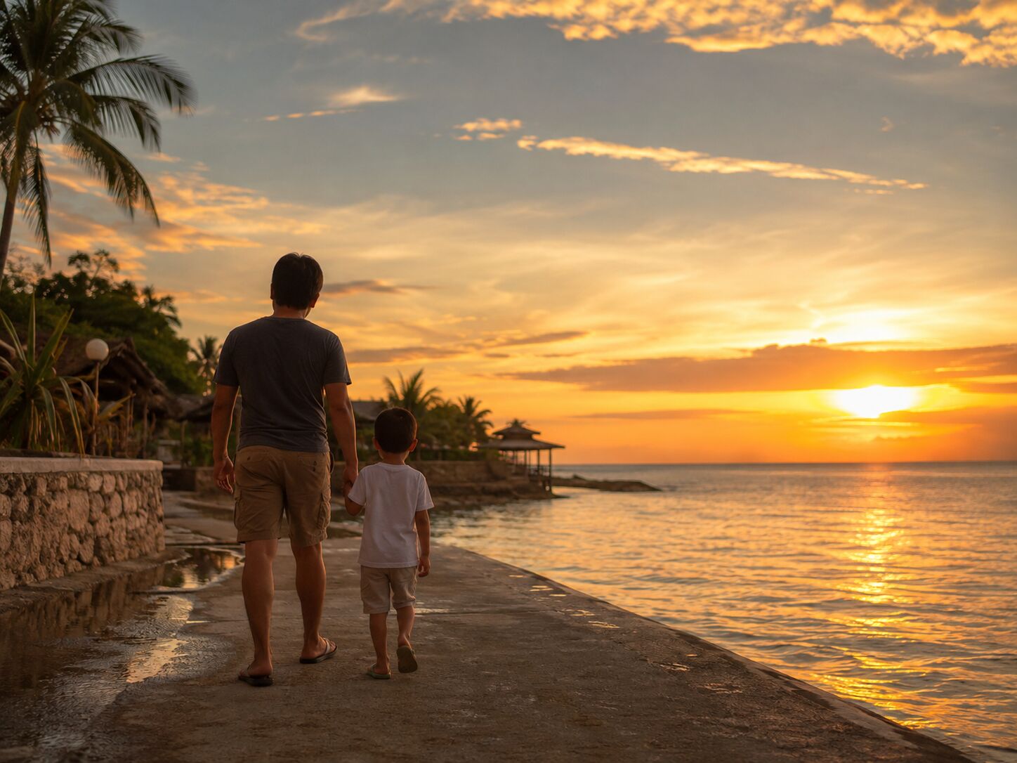 A parent and child walking side by side along the shore, seen from behind