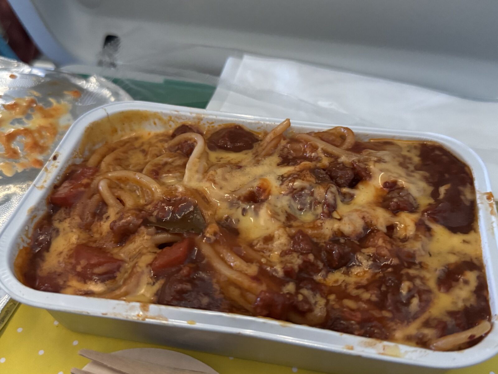 The in-flight spaghetti with sweet meat sauce